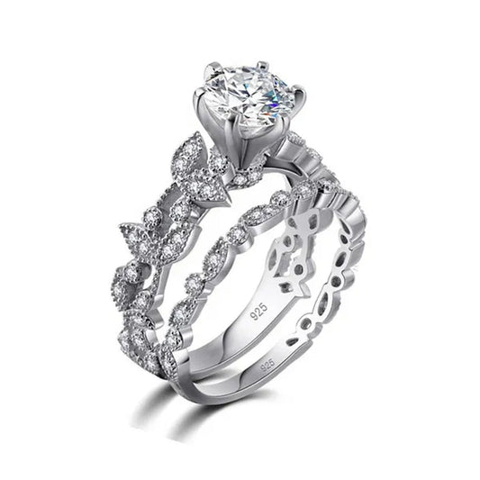 Sterling Silver Women'S CZ Vintage Antique Style Engagement Ring Wedding Band Set 5-10