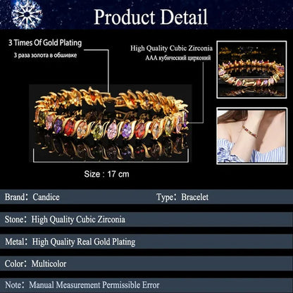CANDICE Indian Design Real Gold Plated Multicolor Zircon Stones Tennis Bracelets For Dance Party Accessories