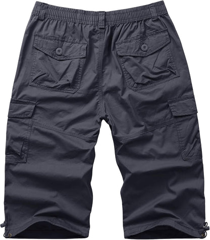 Men'S Cargo Shorts Casual Twill Elastic 3/4 Capri Pants below Knee Long Shorts with 7 Pockets