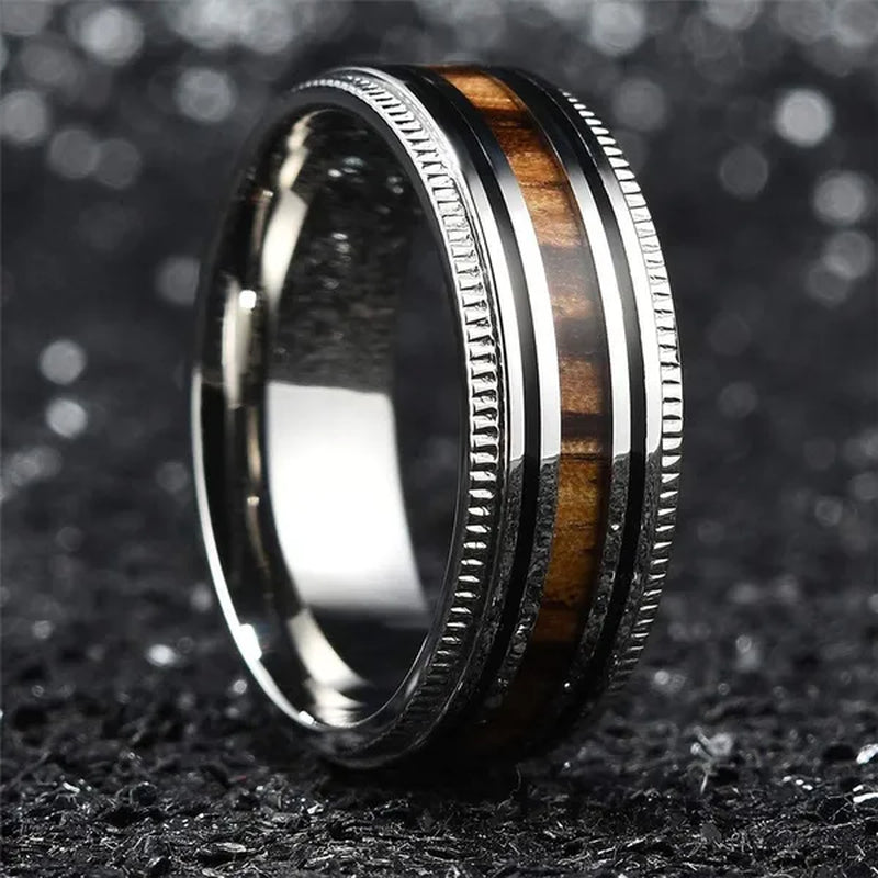 Luxury Jewelry Accessories Plus Size Mens Ring 8mm 316L Stainless Steel Wedding Ring Inlay Koa Wood Sawtooth Edge Titanium Steel Rings for Men