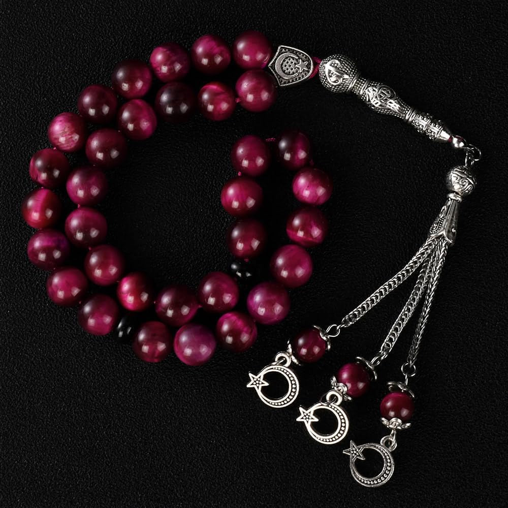 Tasbih Prayer Beads 33 Pink Tiger Eye Stone (33 Beads - 10 Mm) - Masbaha Muslim Rosary - Zikr, Dhikr Subha - Chapelet - Tasbeeh - Islamic Gifts for Women - Handmade Sibha - Eid Gifts