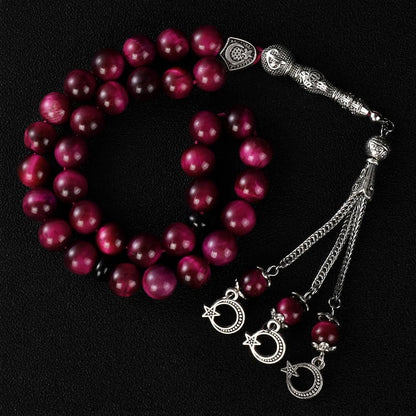 Tasbih Prayer Beads 33 Pink Tiger Eye Stone (33 Beads - 10 Mm) - Masbaha Muslim Rosary - Zikr, Dhikr Subha - Chapelet - Tasbeeh - Islamic Gifts for Women - Handmade Sibha - Eid Gifts