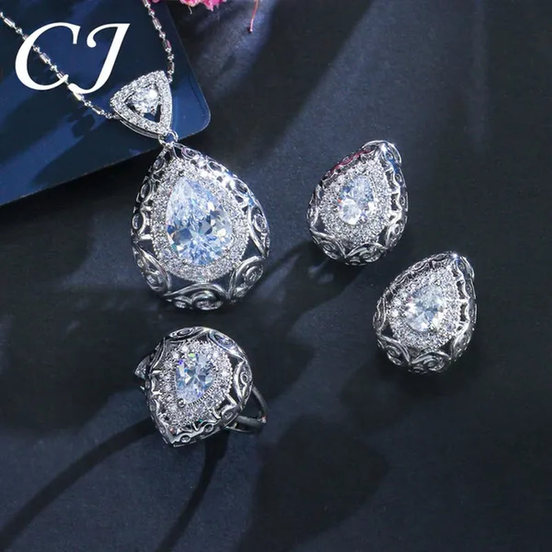 CANDICE Elegant Stamp Sterling Silver Plated Women Jewelry Set Pear Drop Red Cubic Zirconia Necklace Earring Ring 3pcs Sets