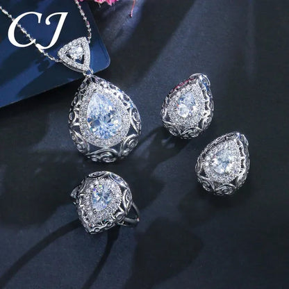 CANDICE Elegant Stamp Sterling Silver Plated Women Jewelry Set Pear Drop Red Cubic Zirconia Necklace Earring Ring 3pcs Sets