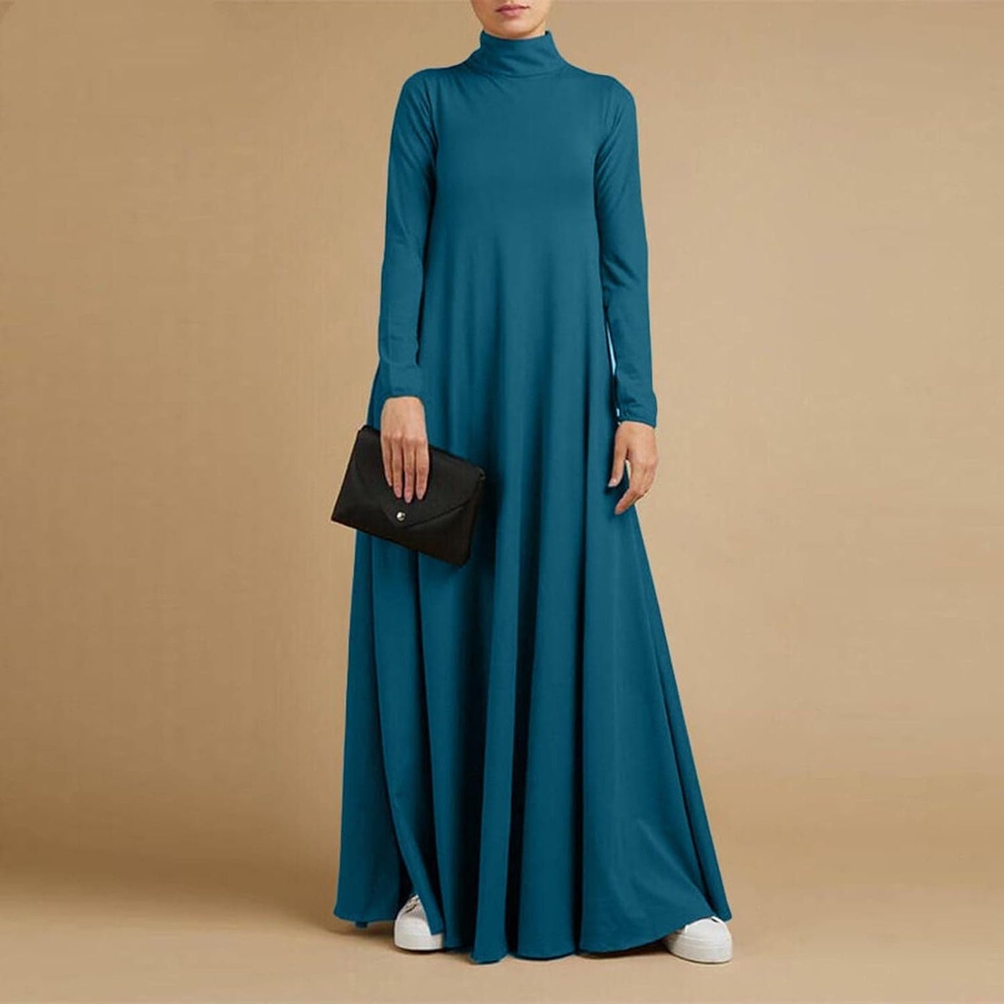 Womens Casual Maxi Dress Long Sleeve Mock Neck Robe Abaya Muslim Ramadan Dress Flowy Maxi Dress Islamic Evening Gown