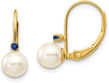 14K Yellow Gold 5-5.5Mm White round FW Cultured Pearl Sapphire Leverback Earrings - WORLD TIME VISITS