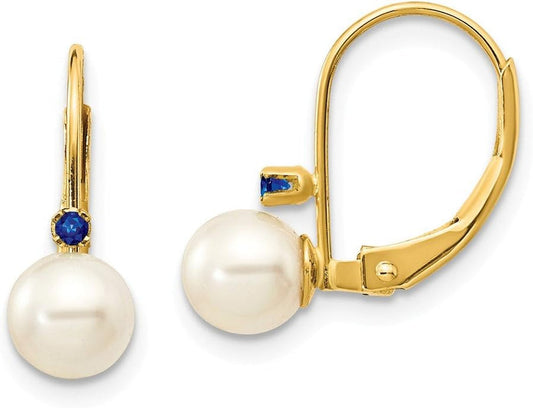 14K Yellow Gold 5-5.5Mm White round FW Cultured Pearl Sapphire Leverback Earrings - WORLD TIME VISITS