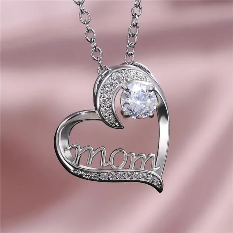 Love Mum Silver Plated Ruby MOM Character Emerald Necklace Jewelry Family Birthday Best Gift for Mother Mummy Party Wedding Band Necklace Christmas Gift