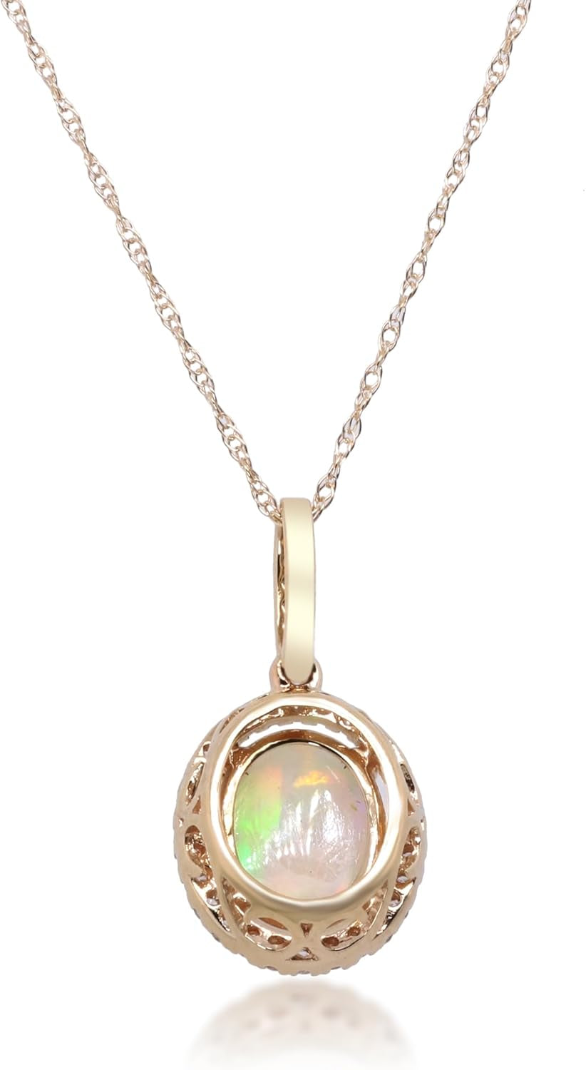 14K Yellow Gold Natural Ethiopian Opal Pendant with Diamonds for Women,Ethically, Metal Gemstone, Ethiopian Opal Diamond