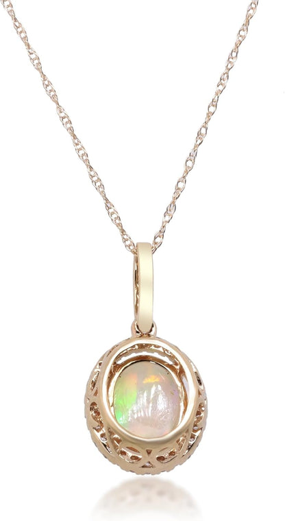 14K Yellow Gold Natural Ethiopian Opal Pendant with Diamonds for Women,Ethically, Metal Gemstone, Ethiopian Opal Diamond