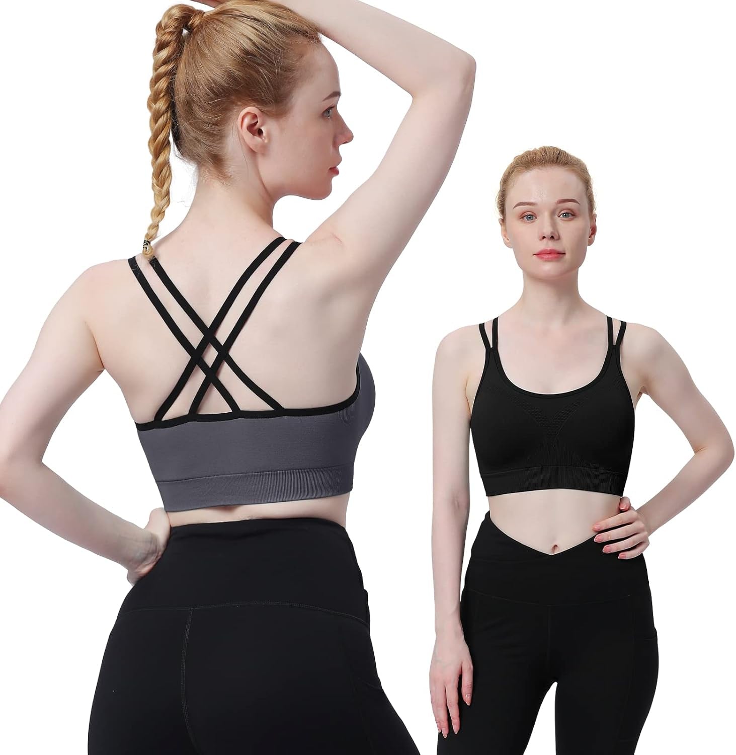 Cross Back Sports Bra for Women Padded Strappy Yoga Bra Medium Support Workout Bra for Athletic Gym Fitness 3 Pack - WORLD TIME VISITS