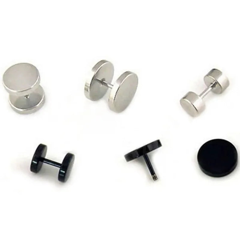 Punk Style Medical Titanium Black Silver round Barbell Stud Earrings Women Men'S Gothic Jewelry Rock Piercing Earring 1 Pair