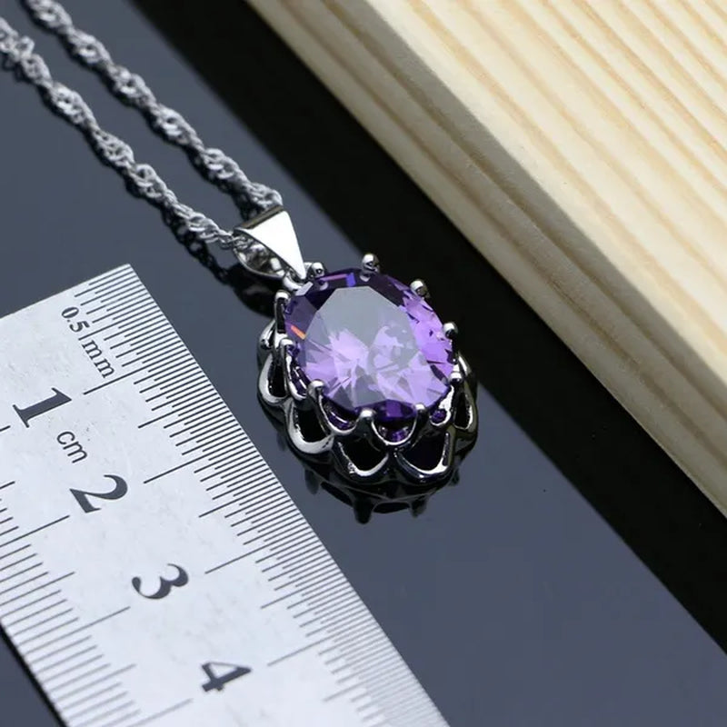 Purple Amethyst White Topaz Crown Silver 925 Jewelry Set for Women Earrings Necklace Set