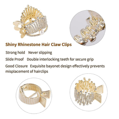 1.77Inch Small Hair Claw Clips for High Ponytail, Rhinestone Shark Hair Clips for Women Thick Long Hair Gold(Pack of 3)