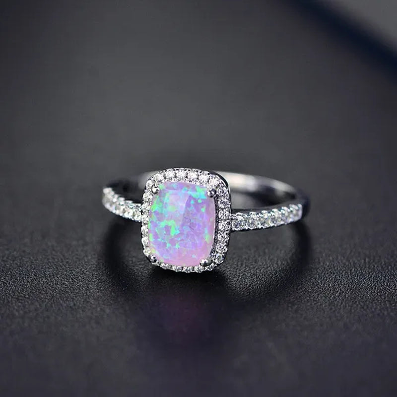 Cushion Cut Opal & CZ 925 Sterling Silver Engagement Wedding Ring for Women Girl Size 5-11