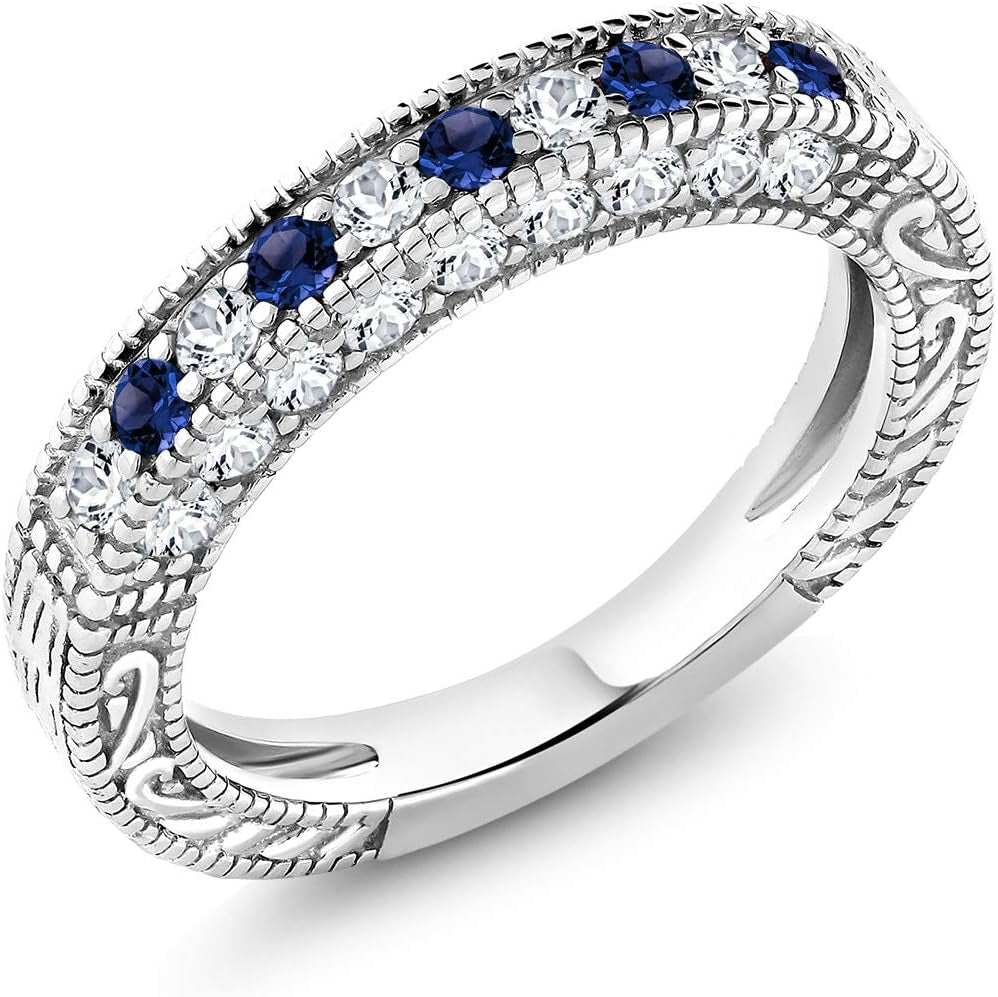 925 Sterling Silver Blue and White Created Sapphire Ring | Wedding Band Ring for Women | 1.00 Cttw | Available in Size 5, 6, 7, 8, 9 - WORLD TIME VISITS