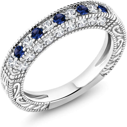 925 Sterling Silver Blue and White Created Sapphire Ring | Wedding Band Ring for Women | 1.00 Cttw | Available in Size 5, 6, 7, 8, 9 - WORLD TIME VISITS