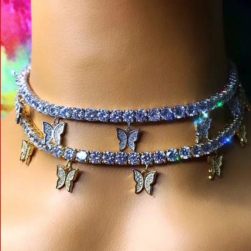 YUNSEABUY Little Butterfly Pendant Full Diamond Choker Necklace for Women Girls Jewelry