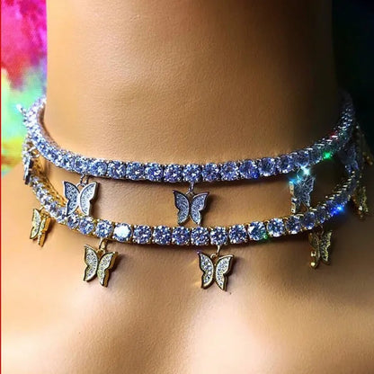 YUNSEABUY Little Butterfly Pendant Full Diamond Choker Necklace for Women Girls Jewelry
