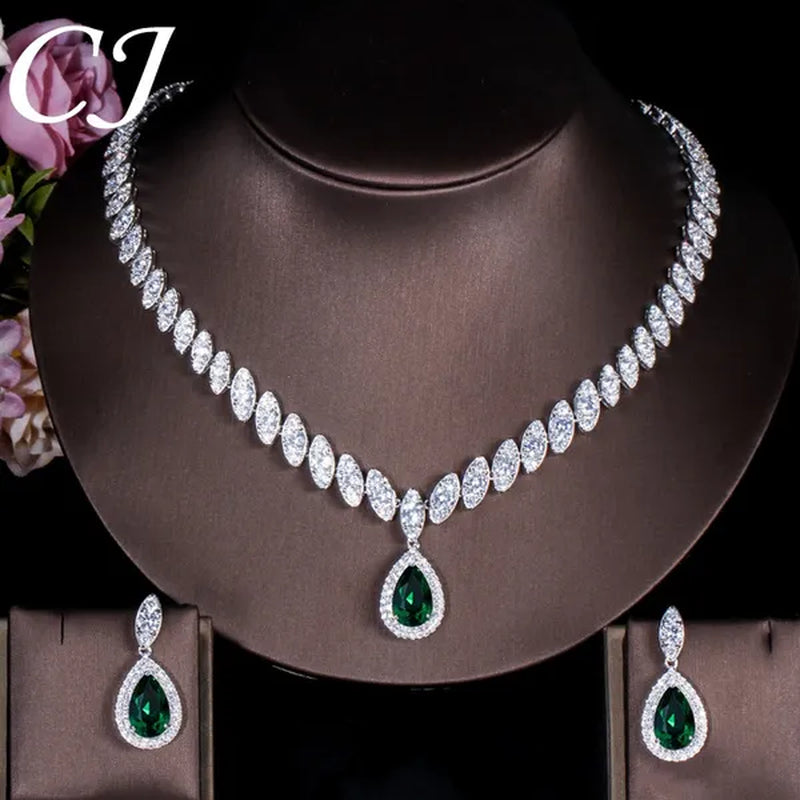 CANDICE Wedding Banquet Jewelry Sets For Brides Waterdrop Earrings Necklace Set Pear Cut Blue Zirconia Silver Plated