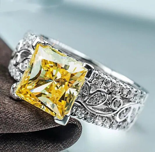 Elegant Silver Yellow Diamond Birthstone Gemstones Engagement Wedding Anniversary Ring Size 6 7 8 9 10 - WORLD TIME VISITS