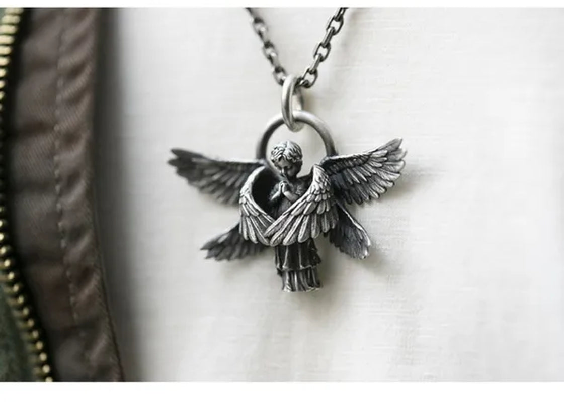 925 Sterling Silver Classic Angel Pendant Necklace Handmade Seraphim Pray Pendant Long Chain Neck for Men Women Jewelry