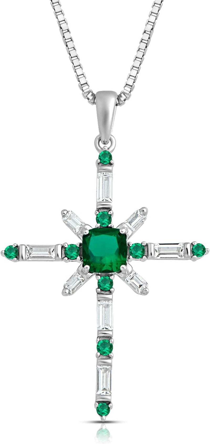 Sterling Silver 5 MM Cushion and 1.75X1.5 MM round Simulated Emerald and Baguette Created White Sapphire Cross Pendant Necklace, 18" Box Chain