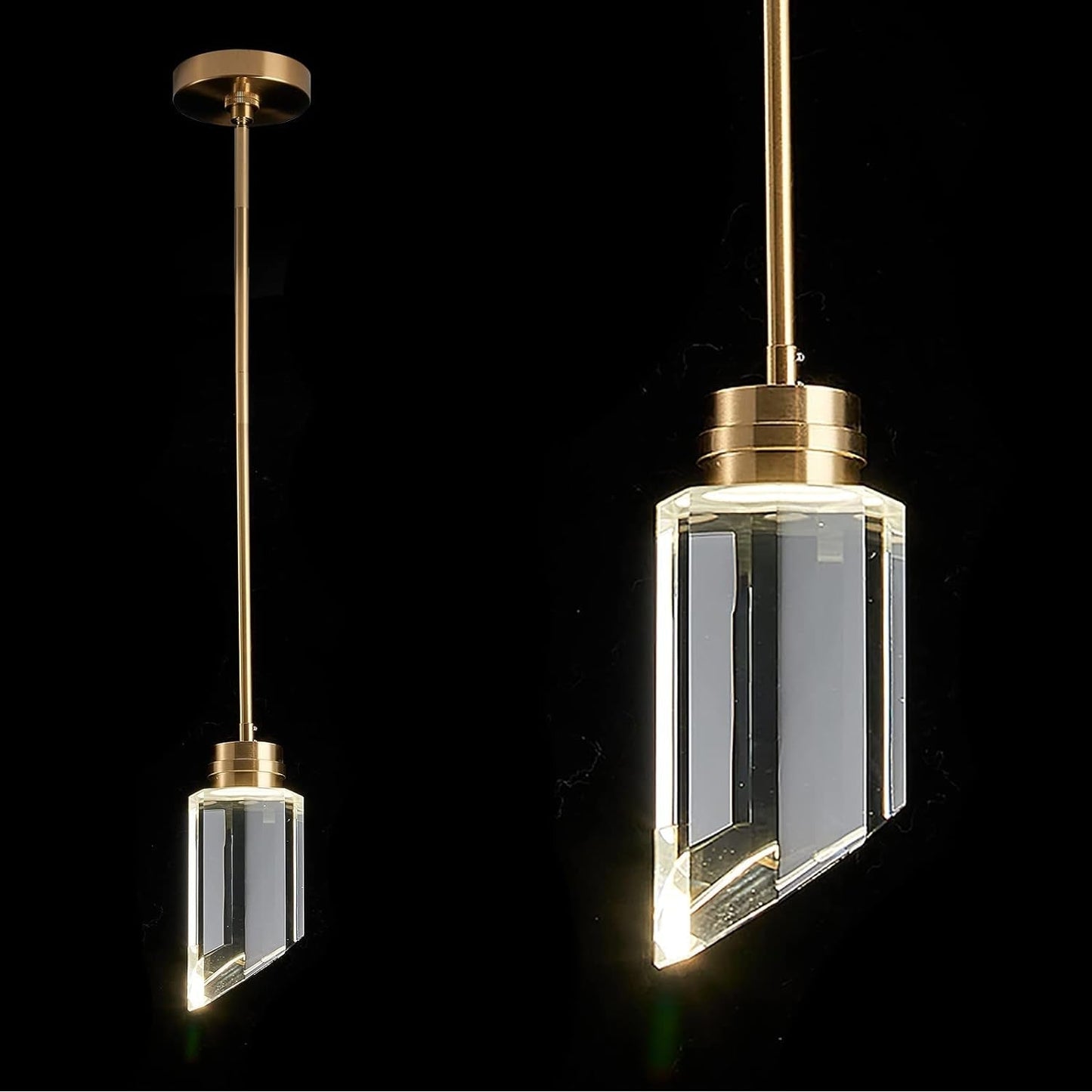 Modern Crystal Cylinder Pendant Light, K9 Crystal 1-Light Gold Brushed Brass Led Hanging Pendant Lighting Fixtures for Bedroom Kitchen Island Dining Room