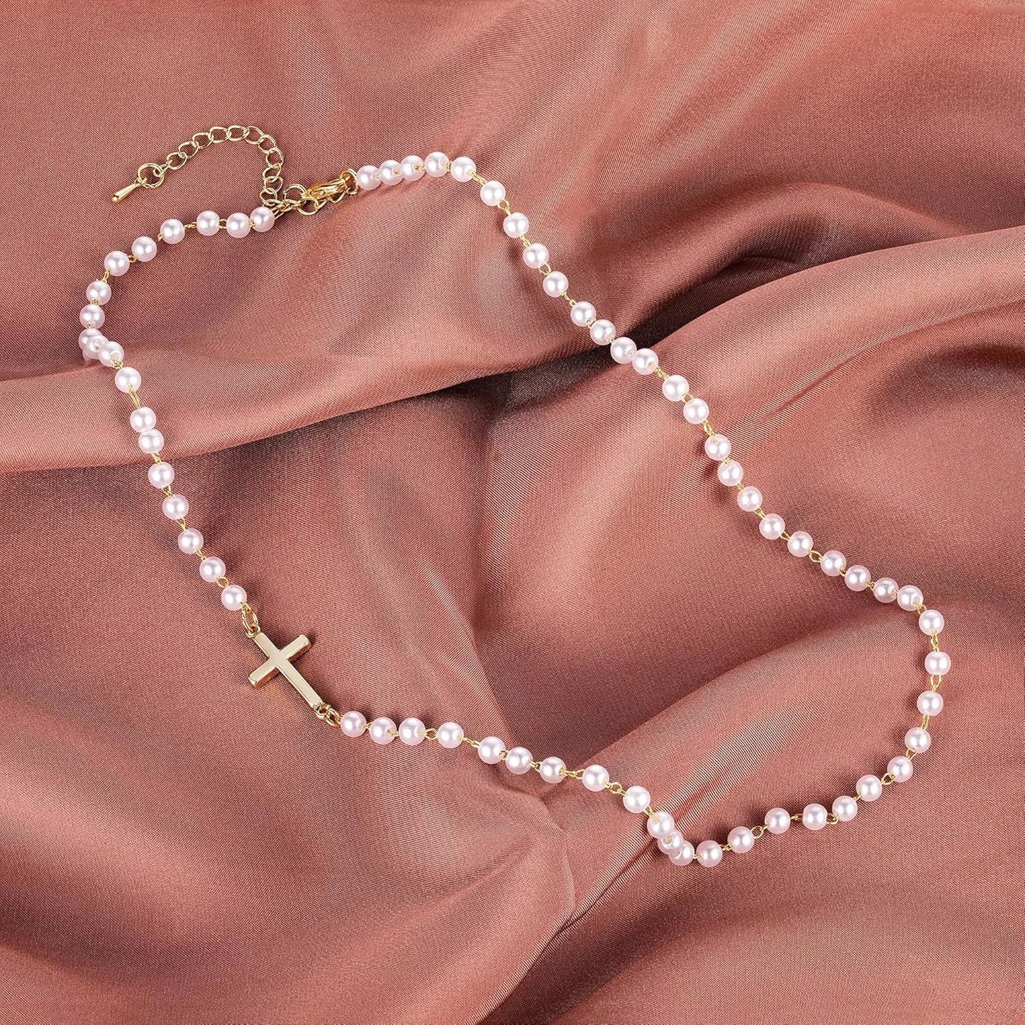 14K Gold Plated Cross Necklace for Women, Gold Pearl Necklace with Cross Pendant Dainty Cross Choker Necklace Trendy Faith Jewelry Religious Gifts