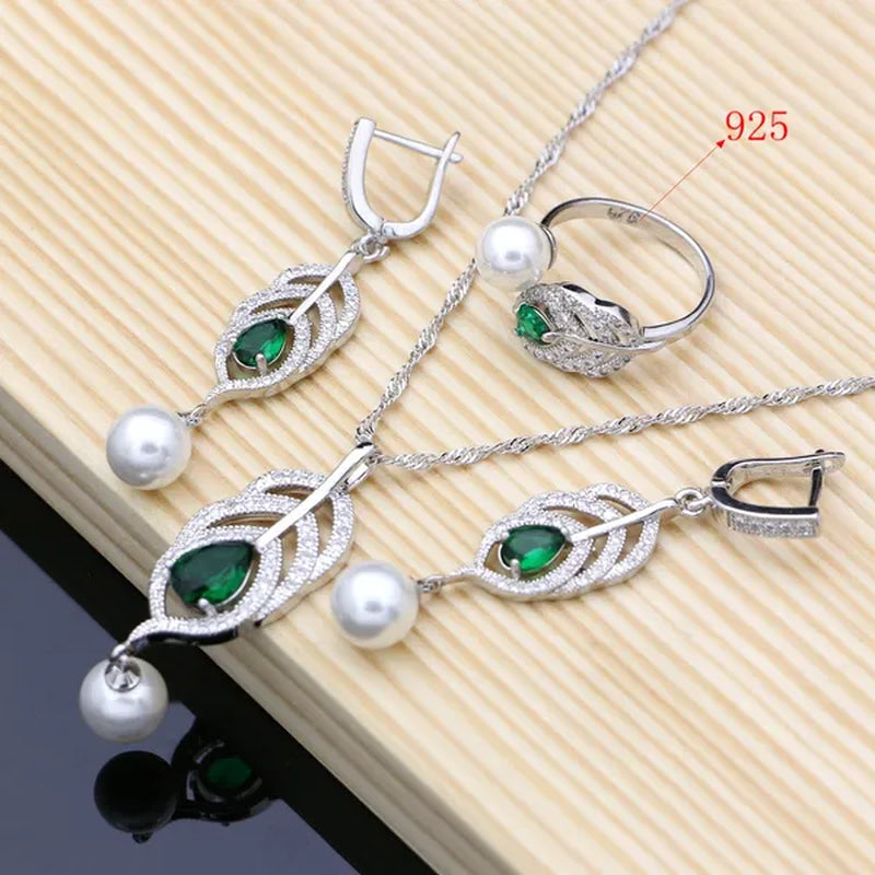 925 Sterling Silver Bridal Jewelry Sets Green Emerald with Pearls Beads Women Wedding Earrings/Pendant/Necklace/Ring/Bracelet