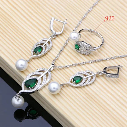 925 Sterling Silver Bridal Jewelry Sets Green Emerald with Pearls Beads Women Wedding Earrings/Pendant/Necklace/Ring/Bracelet