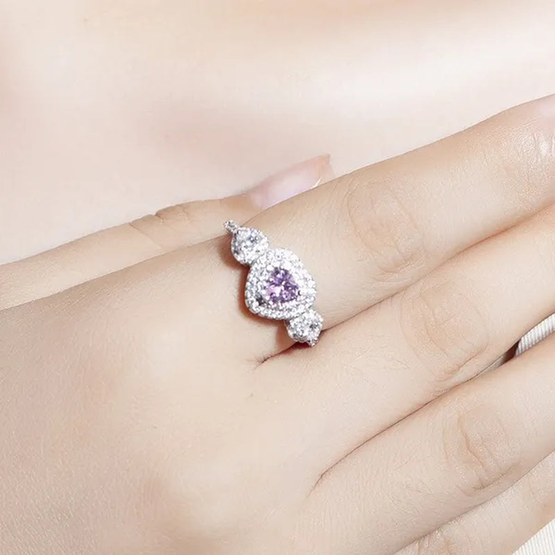 Brand Jewelry 925 Sterling Silver Rings Finger Heart Pink 2Ct Sona Diamond Pave Setting CZ 2 Surround Wedding Ring for Women