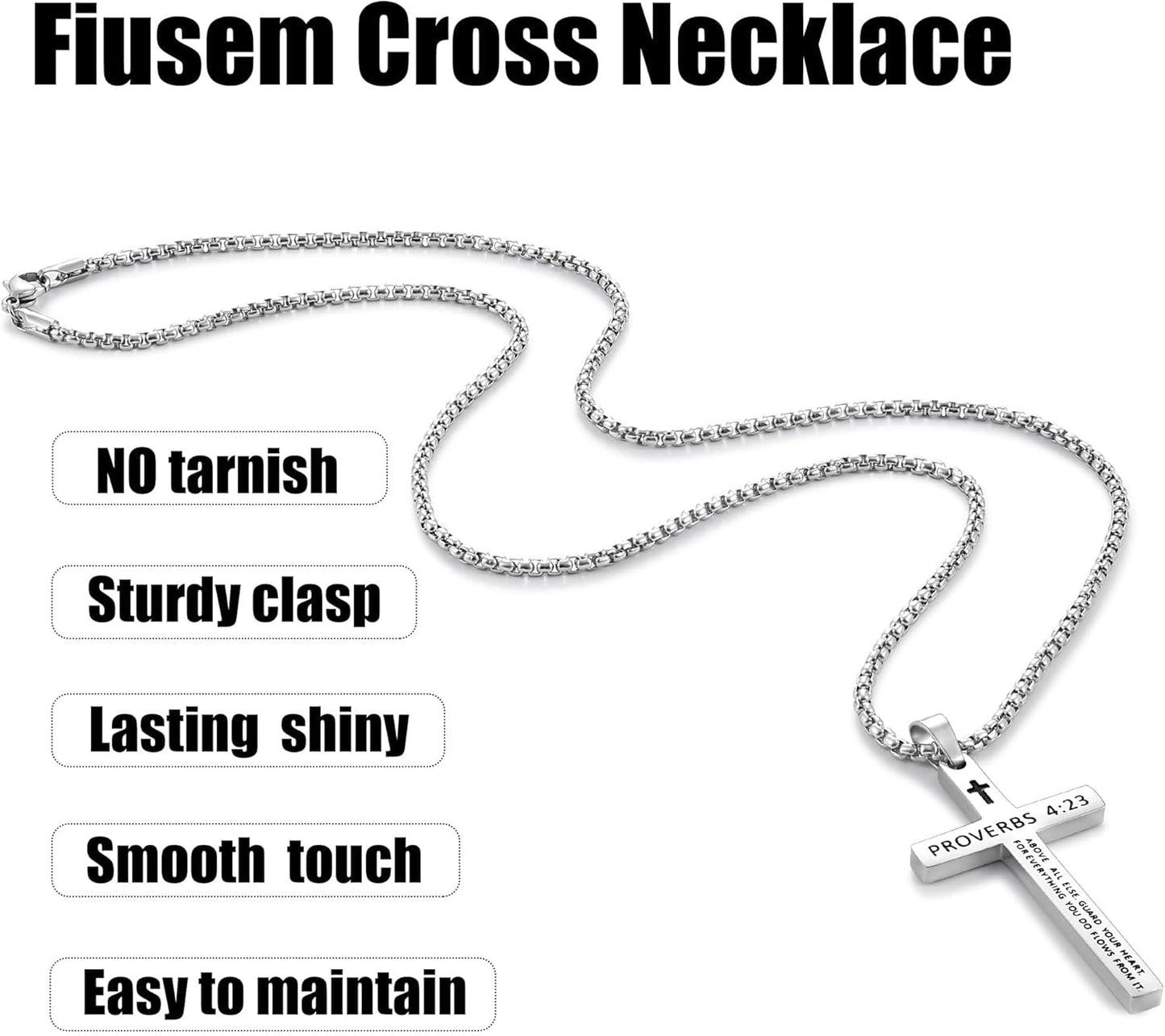Bible Verse Cross Necklace for Men, Stainless Steel Mens Necklace, Black/Gold/Silver Tone Cross Pendant for Men