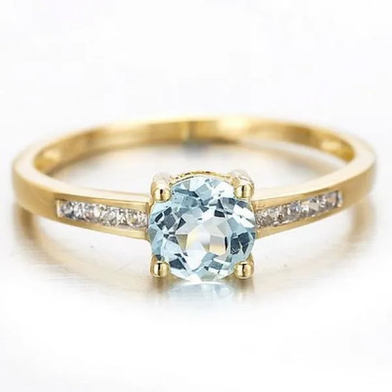 Woman's Round Cut Blue Aquamarine Golden Wedding Ring Wedding Ceremony Party Fancy Shaped Women Rings with Shiny CZ Daily Wear Fashion Jewelry