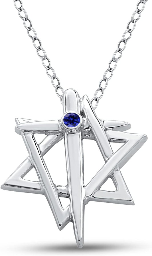 0.25 CT. T.W. Star of David Cross Pendant for Women 925 Sterling Silver Blue Sapphire 14K White Gold Plated Necklace (With 18" Silver Chain)