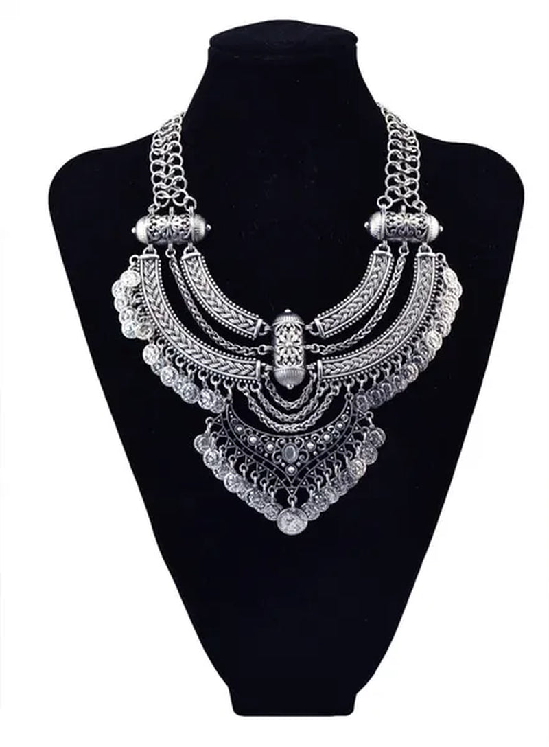 Vintage Silver Gold Chains Fine Jewelry Coins Tassel Choker Necklace Women Big Flower Moon Statement Necklace - WORLD TIME VISITS