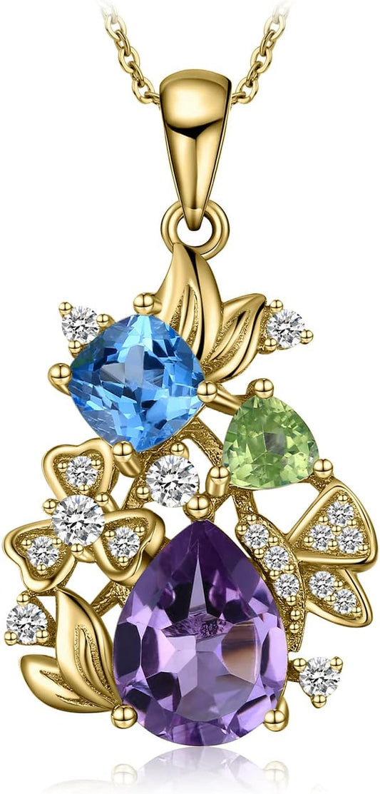 Flower Genuine Amethyst Peridot Blue Topaz Pendant Necklace for Women, Multicolor 925 Sterling Silver Necklaces, Natural Gemstone Jewelry Sets 18 Inches Chain - WORLD TIME VISITS