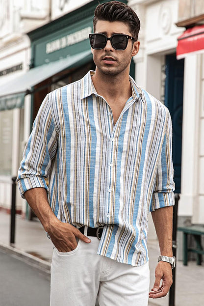 Men'S Cotton Shirts Casual Long Sleeve Button-Down Striped Dress Shirt