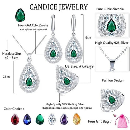 CANDICE Women'S Sterling Silver Plated Jewelry Set Summer New Fashion Blue Zircon Necklace Pendant Earrings Ring（Us 7-9)