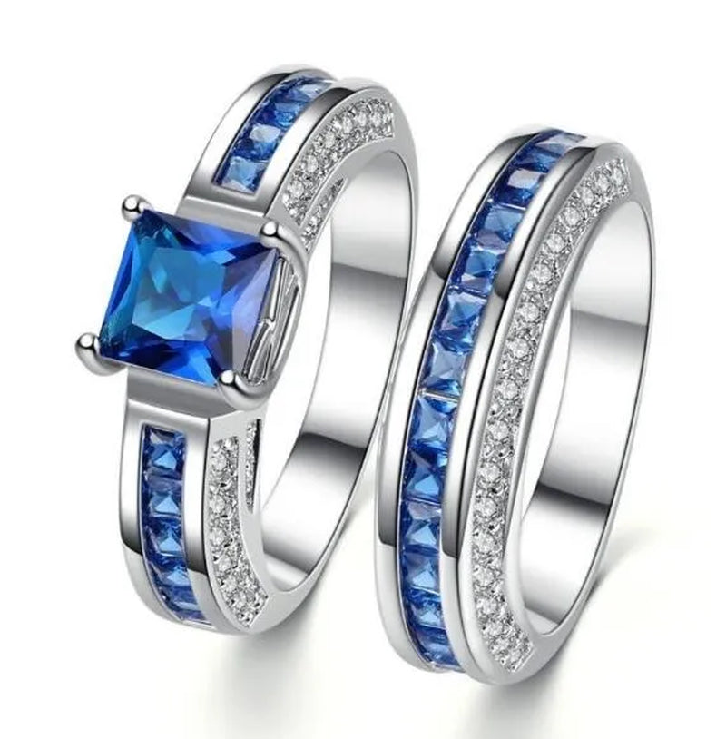 2Pcs/Set Princess Luxury 925 Silver Plated Amethyst CZ Gemstones Wedding Set Rings Size 6-11  (Choice Color and Size )