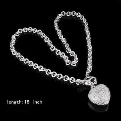 925 Sterling Silver Cute Crystal Heart Pendant Bracelet Necklace Set for Woman Wedding Engagement Party Charm Jewelry Gift