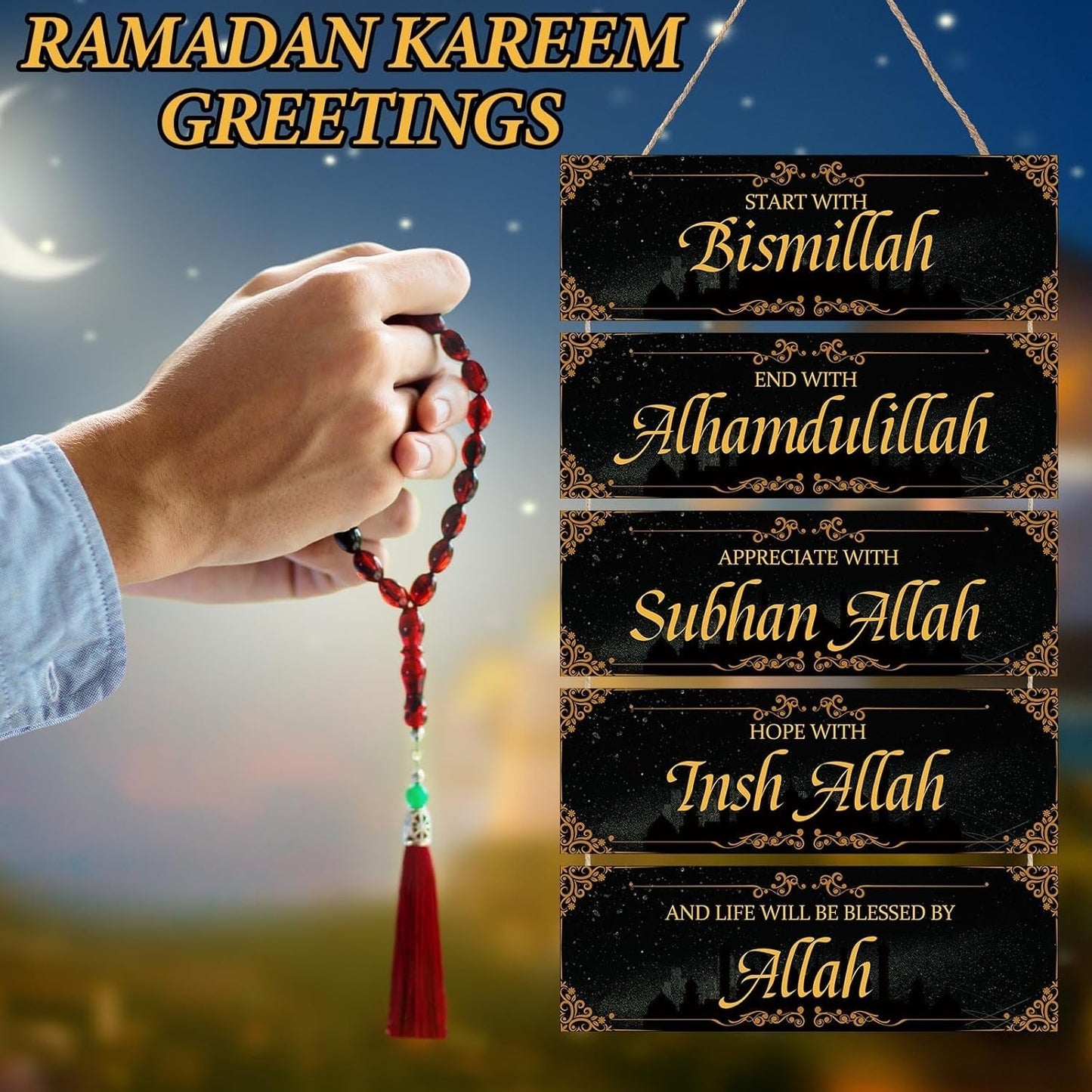 Islamic Wooden Wall Sign Decor Ramadan Decorations for Home Eid Ramadan Mubarak Eid Al Adha Decor Start with Bismillah End with Alhamdulillah Inspirational Wall Art for Muslim Home(Black, Gold)