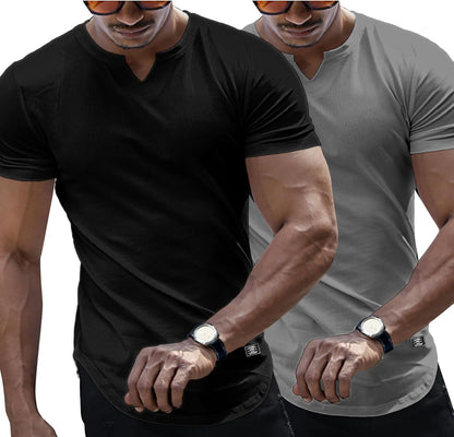 Mens Muscle T Shirts V Neck Short Sleeve Henley Shirt Hipster Longline Gym Workout Athletic Tee Shirts