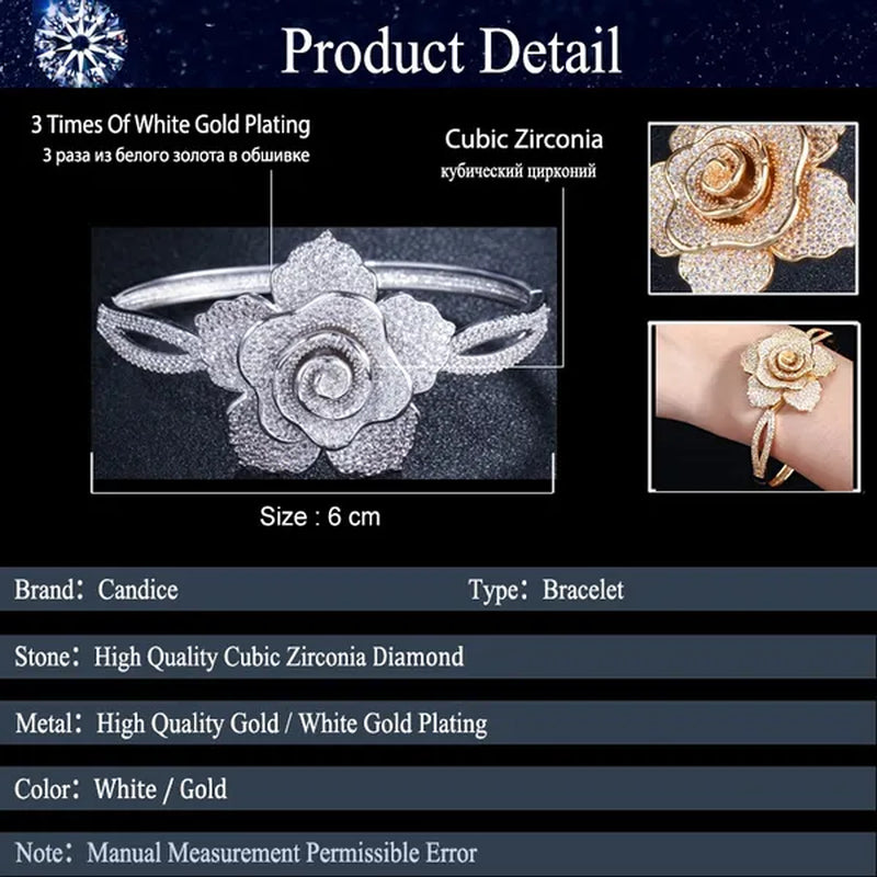 CANDICE Exquisite Open Cuff Style Paving Cubic Zirconia White Gold Plating Women Large Flower Bangle Bracelets Jewelry for Evening Party Wedding