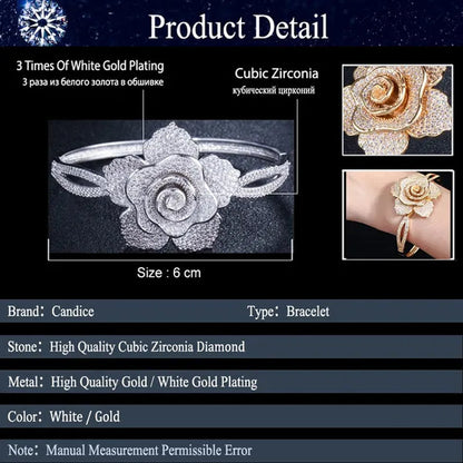CANDICE Exquisite Open Cuff Style Paving Cubic Zirconia White Gold Plating Women Large Flower Bangle Bracelets Jewelry for Evening Party Wedding