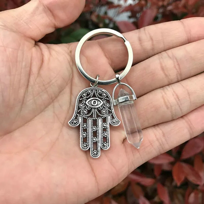 1Pcs Natural Quartz Crystal Point Chakra Healing Stone Gem Stone Pendant Keyring Key Chain Ring Family Gifts
