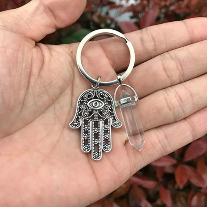 1Pcs Natural Quartz Crystal Point Chakra Healing Stone Gem Stone Pendant Keyring Key Chain Ring Family Gifts