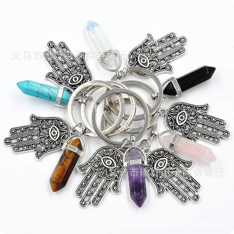 1Pcs Natural Quartz Crystal Point Chakra Healing Stone Gem Stone Pendant Keyring Key Chain Ring Family Gifts