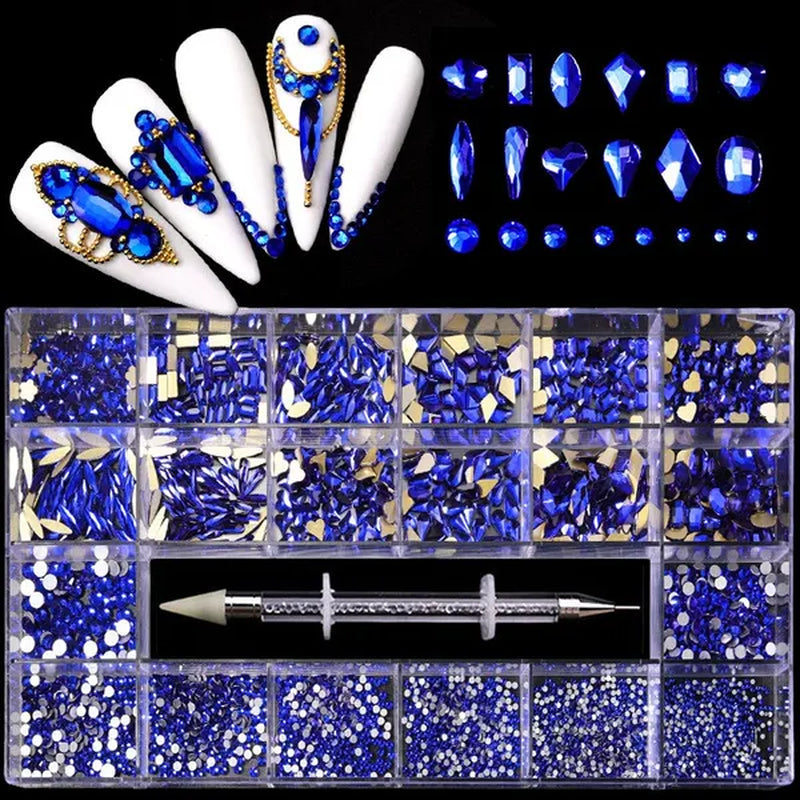 3000Pcs/Box Mixed AB Glass Crystal Diamond In Grids 21 Shape and  Flatback Nail Art Rhinestone Set with 1 Pick Up Pen