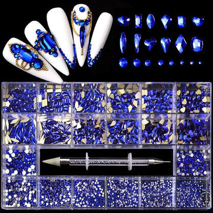 3000Pcs/Box Mixed AB Glass Crystal Diamond In Grids 21 Shape and  Flatback Nail Art Rhinestone Set with 1 Pick Up Pen